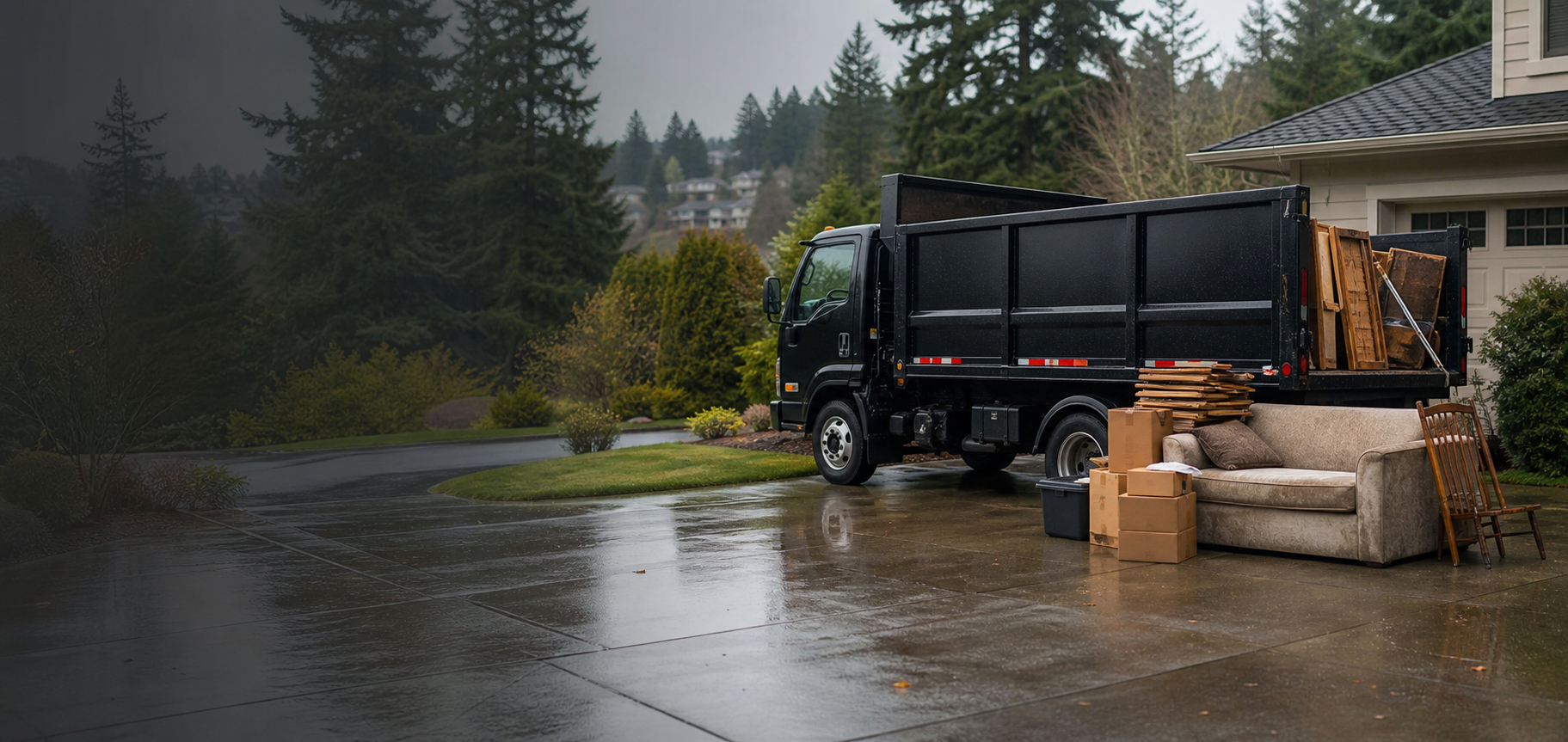 Junk removal truck staged outside a Pacific Northwest home