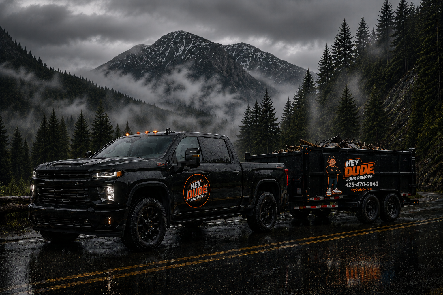 Hey Dude branded truck and junk removal trailer on a rainy mountain road